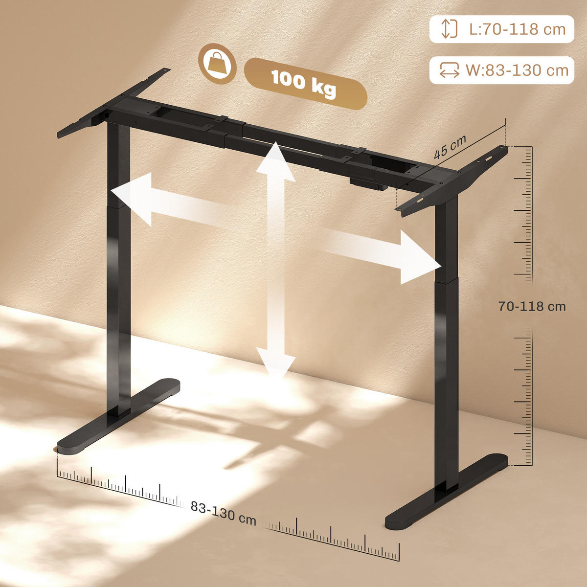 HÖHENVERSTELLBARER-SCHREIBTISCHGESTELL Stahl Schwarz - Schwarz, Metall (60/118/100cm) - HOMCOM