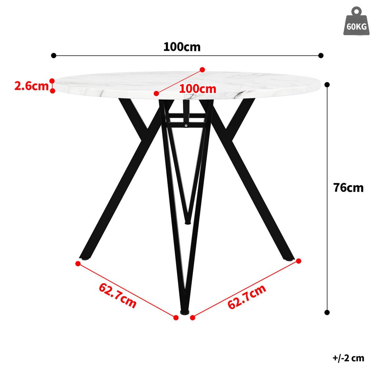 ESSTISCH Rund 100/100/76 cm Schwarz aus MDF in Marmoroptik mit Metallgestell - Schwarz, Holzwerkstoff (100/100/76cm) - OKWISH