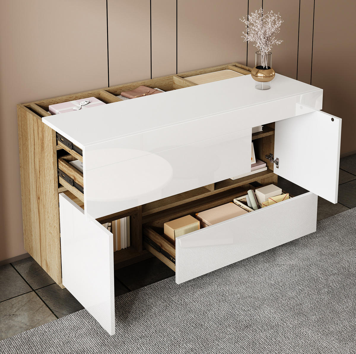 KOMMODE aus Spanplatte 120x76,5x37cm in Weiß mit LED-Lichtstreifen - Weiß, Holzwerkstoff (120/37/76.5cm) - Modfu