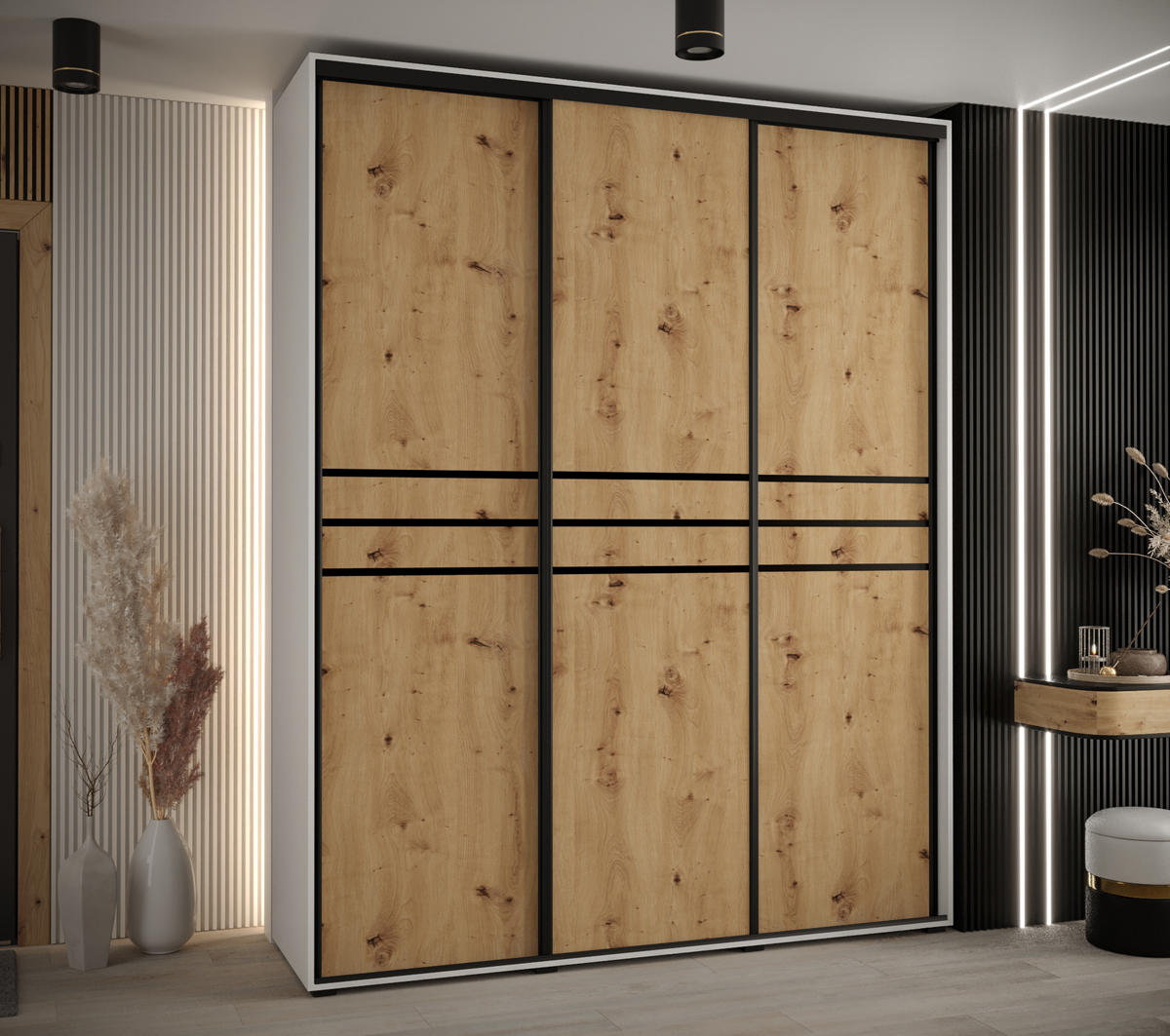 SCHWEBETÜRENSCHRANK 235,2/200/60 3-türig - Schwarz/Eiche Artisan, Holz/Metall (200/235/60cm) - Abiks Möbel