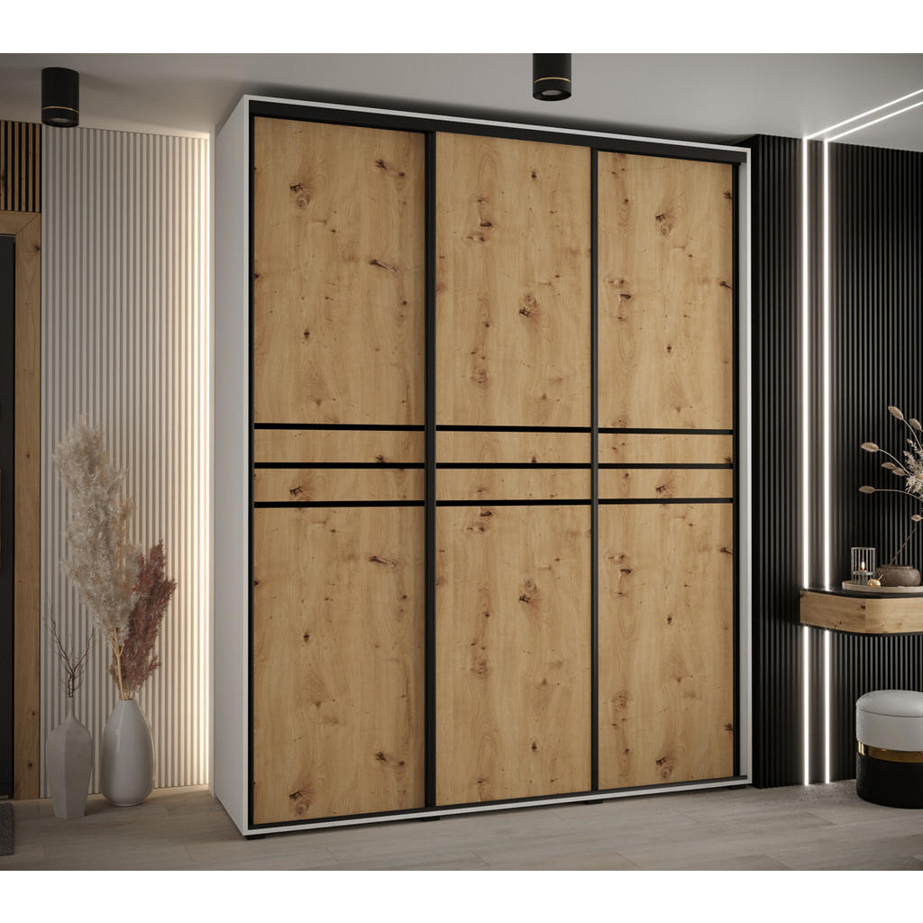 Thumbnail - Abiks Möbel Schwebetürenschrank, Weiß, Eiche Artisan, Schwarz, Metall, Nachbildung, 10 Fächer, 190x235x60 cm, Schlafzimm...