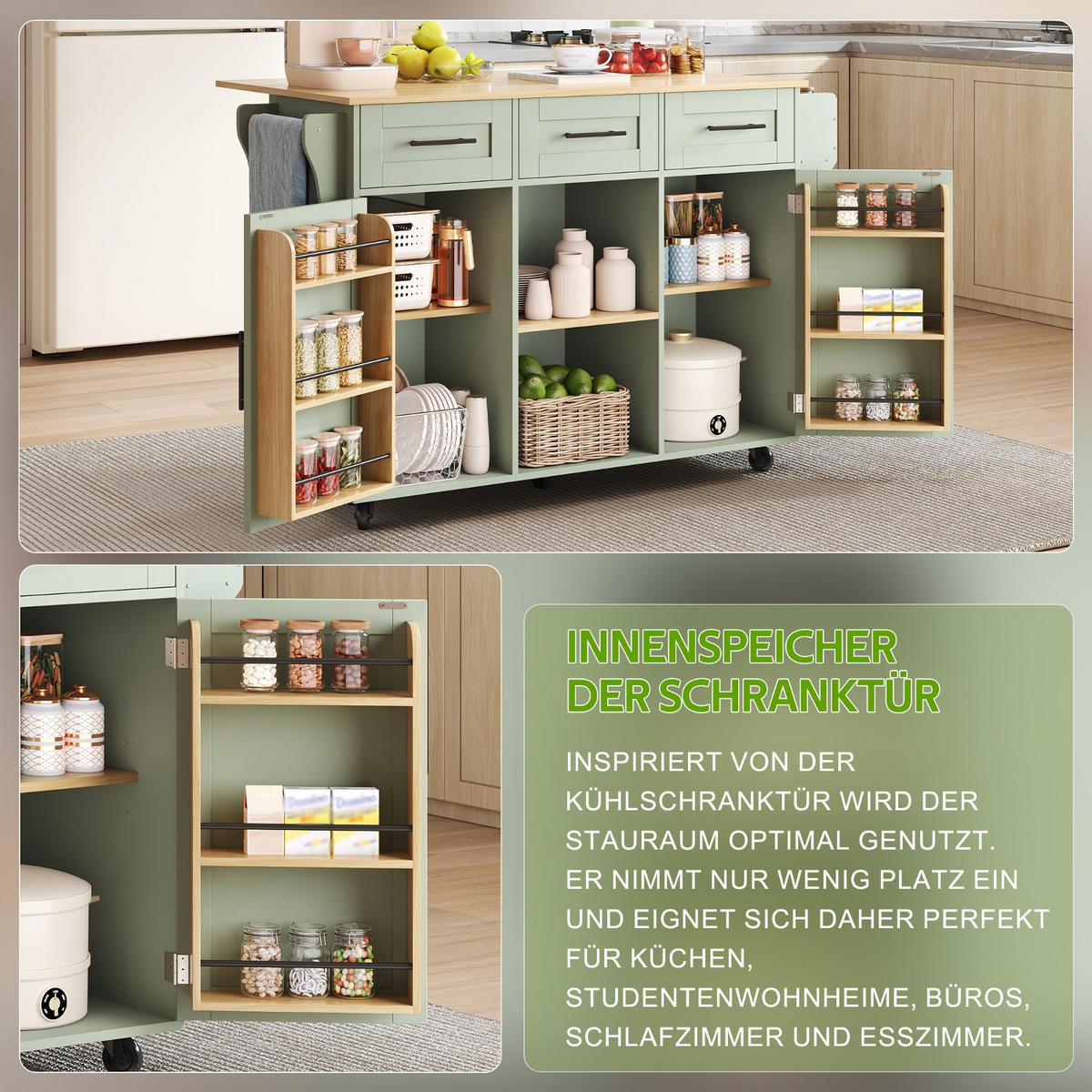 KÜCHENINSEL 139/46/91.5 cm Schwarz mit 3 Schubladen, klappbare Arbeitsplatte und Stauraumtüren - Salbeigrün, Holz/Holzwerkstoff (46/91.5/139cm) - Oxeza