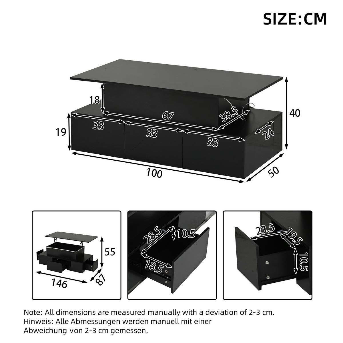 COUCHTISCH 100x50x40 cm Schwarz LED Lift 4 Schubladen Stauraum - Multicolor, Holzwerkstoff (100/50/40cm)