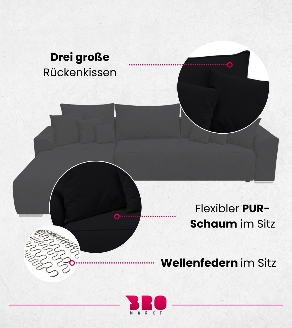 ECKSOFA Sydney mit Schlaffunktion Schwarz Leinenoptik - Schwarz, Textil (280/184cm) - Bromarkt