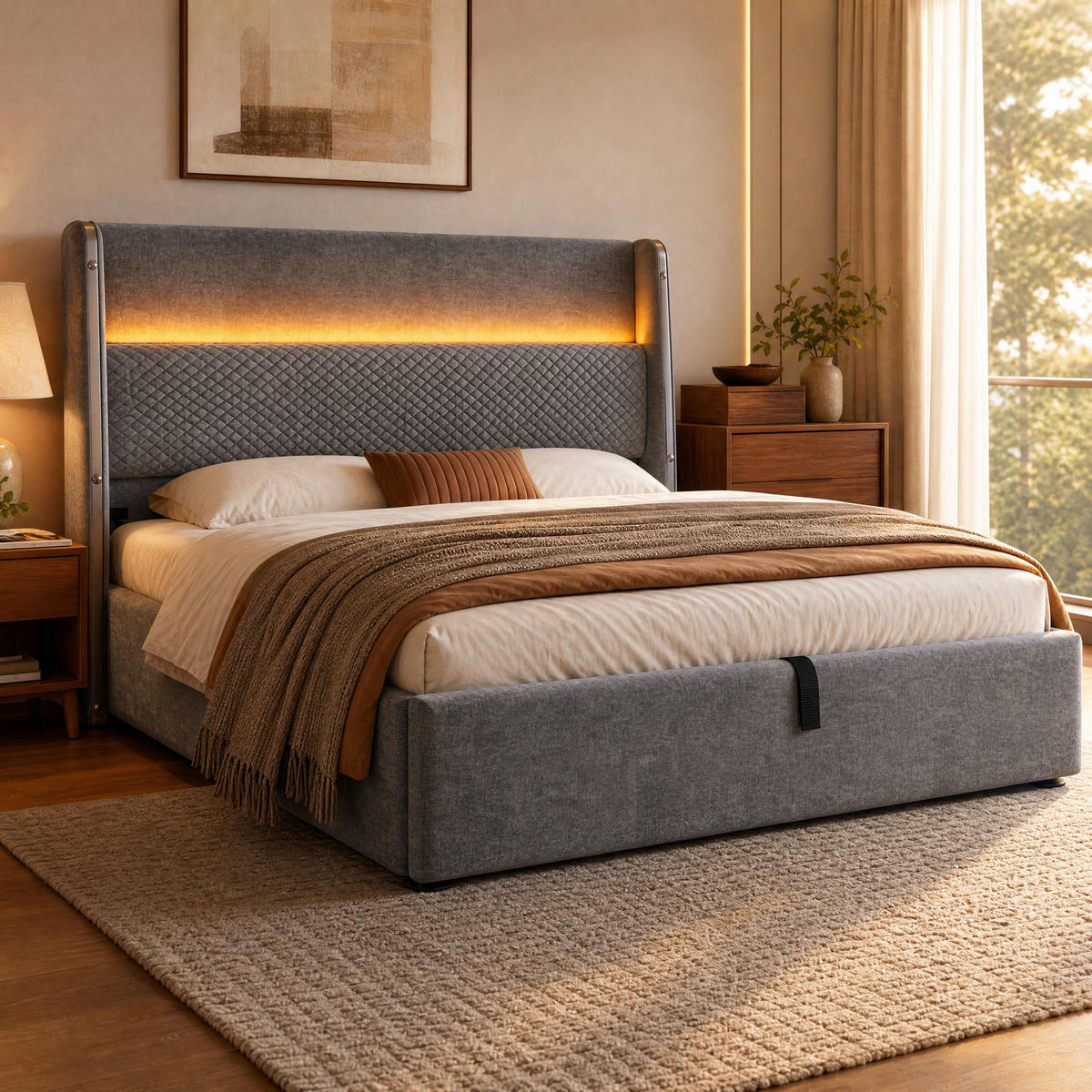 POLSTERBETT 140/200 mit Bettkasten, LED und USB in Grau - Grau, Holzwerkstoff/Textil (140/200cm) - EVRYAE