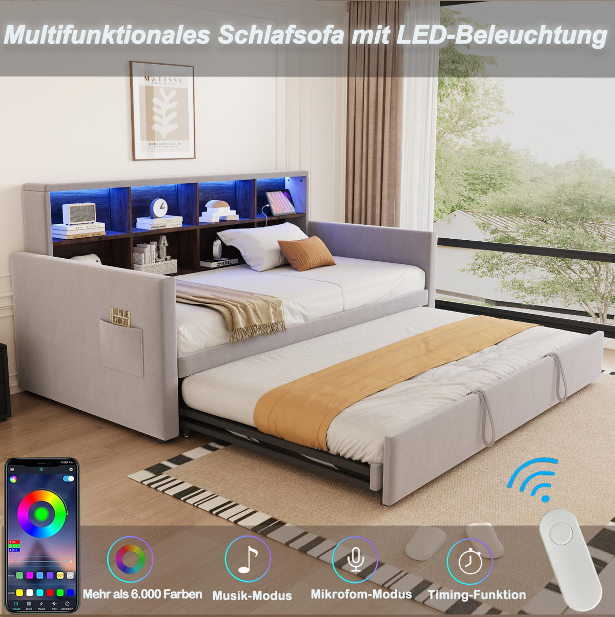 POLSTERBETT 90/190 cm aus Samt mit Ausziehbett, LED und Kopfteil-Staufächern Hellgrau - Hellgrau, Textil (90/190cm) - Modenvie