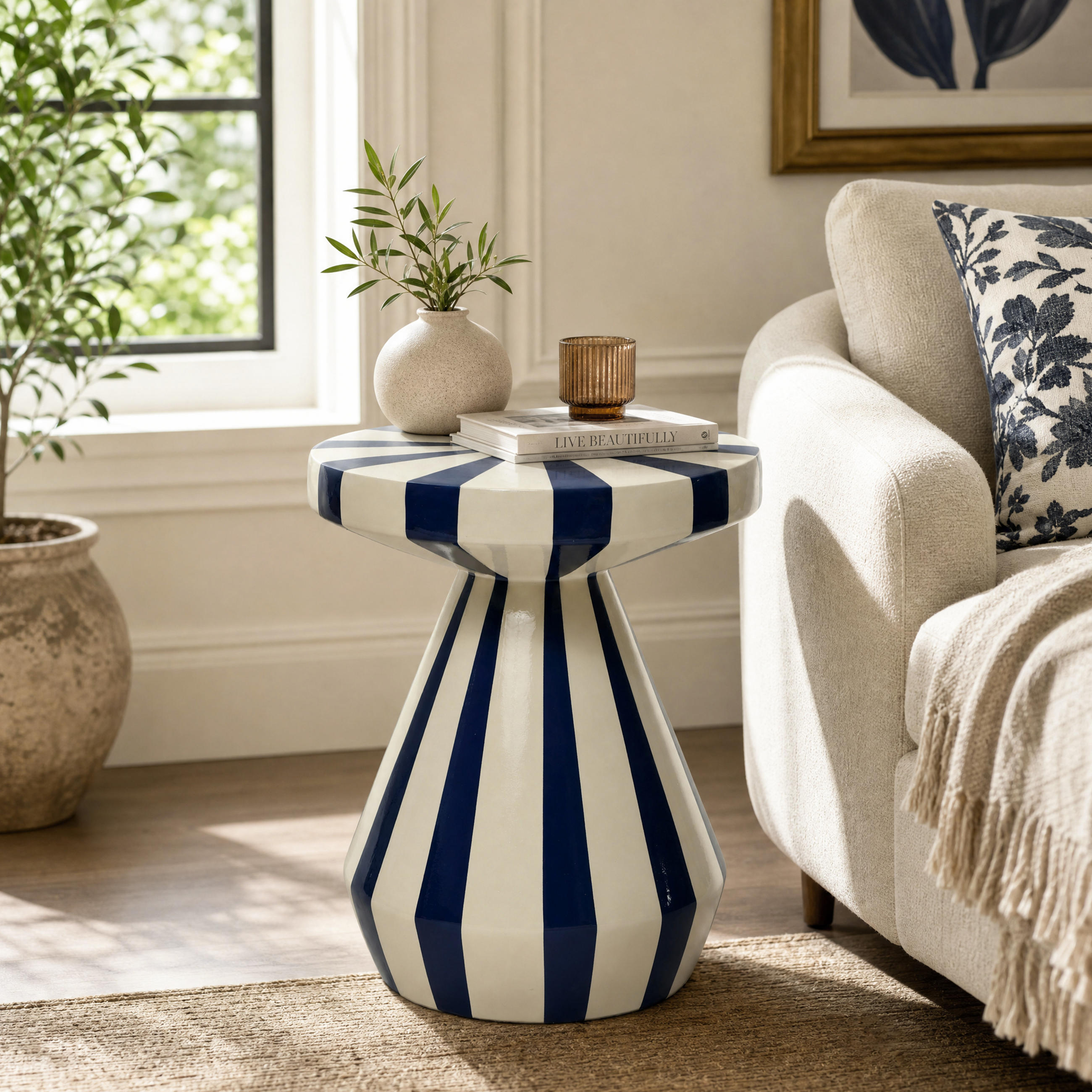 BEISTELLTISCH Rund Magnesiumoxid (MgO) mit Marineblau-Creme Gestreift - Blau, Naturmaterialien (34/34/40cm) - Hometopia
