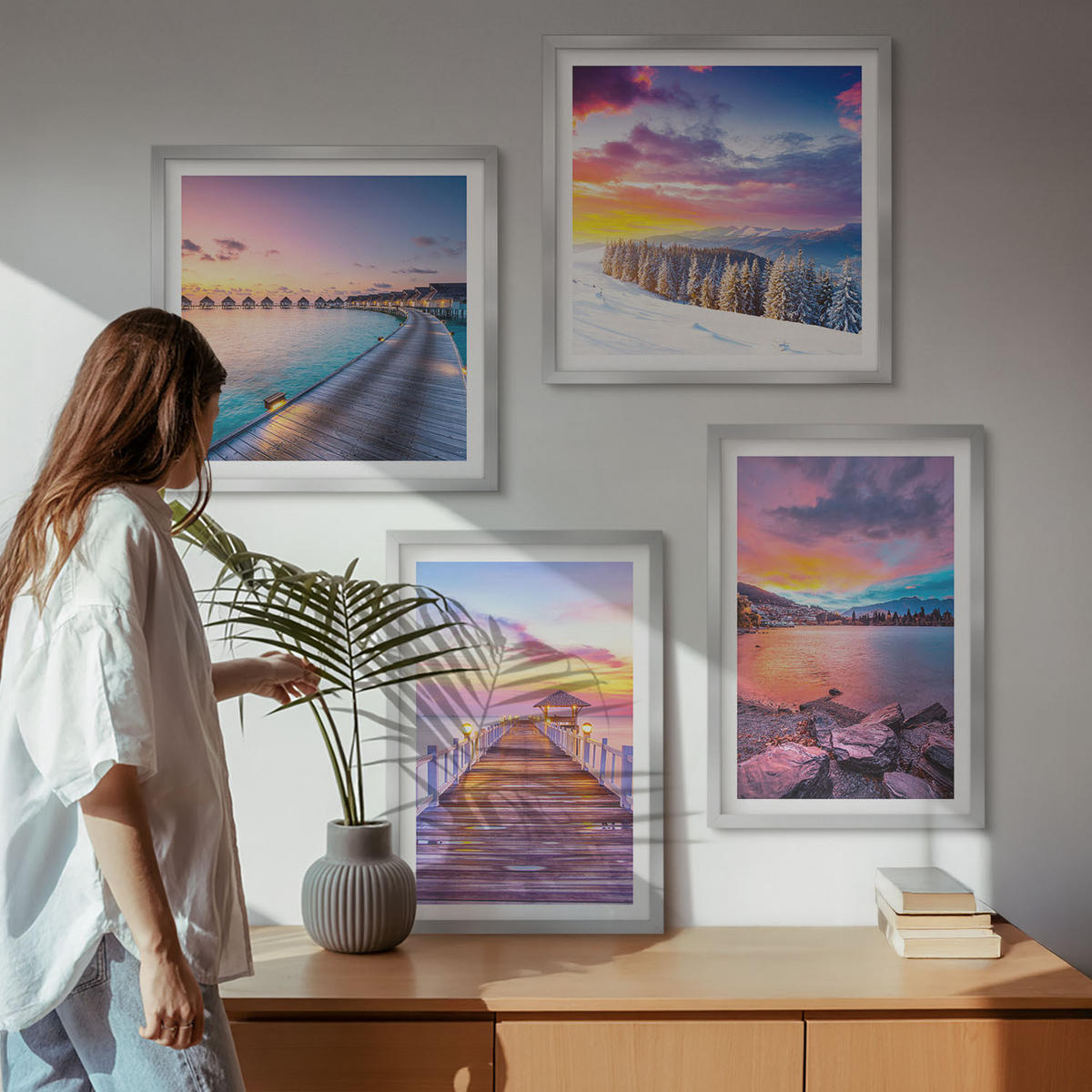WANDBILDER 4er Set - 50x50 cm & 40x60 cm Silberner Rahmen - Winterlandschaft des Pierbergs - Silberfarben, Kunststoff (50/50cm) - ArtPrintCave