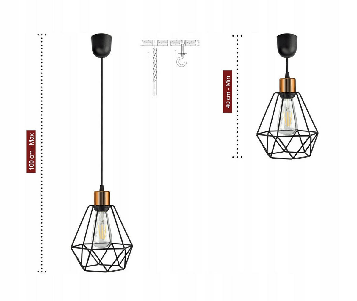 PENDELLEUCHTE EDISON II - Goldfarben/Schwarz, Metall (20/20/100cm) - kiki design