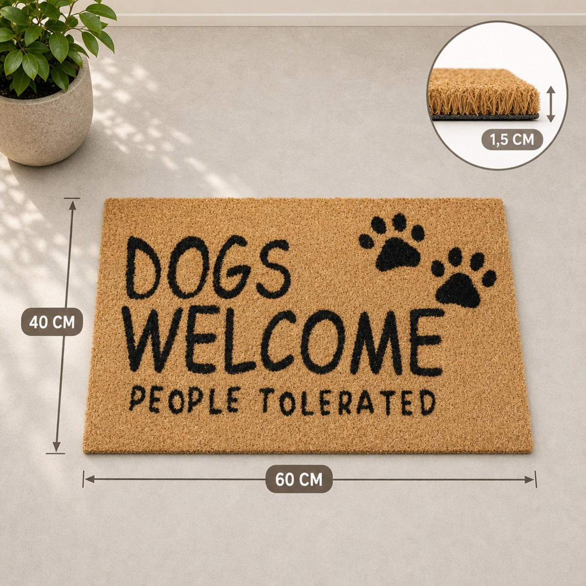 ROHOŽKA Přírodní Černá kokos Dogs Welcome 60x40 cm - béžová, textil/plast (60/40cm) - Relaxdays