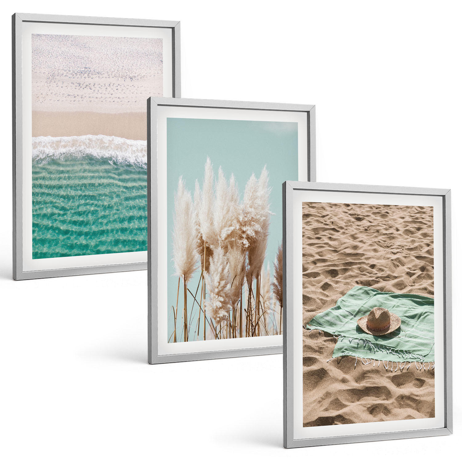 BILDER SET 3er Set - 40x60 cm Silberner Rahmen - Strandwellen Grashut - Silberfarben, Kunststoff (40/60cm) - TULUP