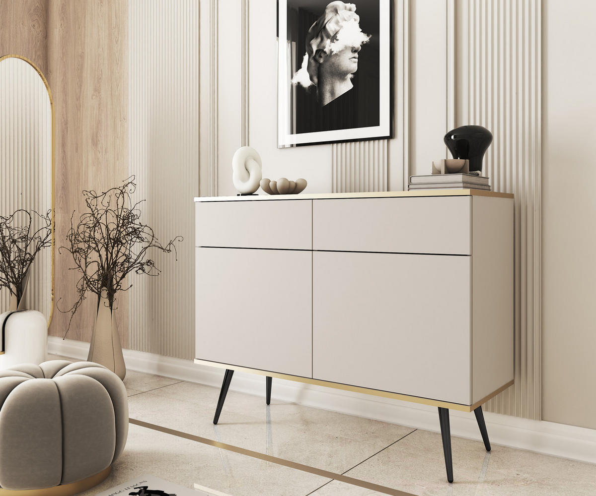 KOMMODE KSZ-107 - KSZ-107, Hochglanz, Schubladen Push-to-Open 107x39x85 cm Beige/Schwarz - Beige/Schwarz, Holzwerkstoff/Kunststoff (107/85/39cm) - DomoHome