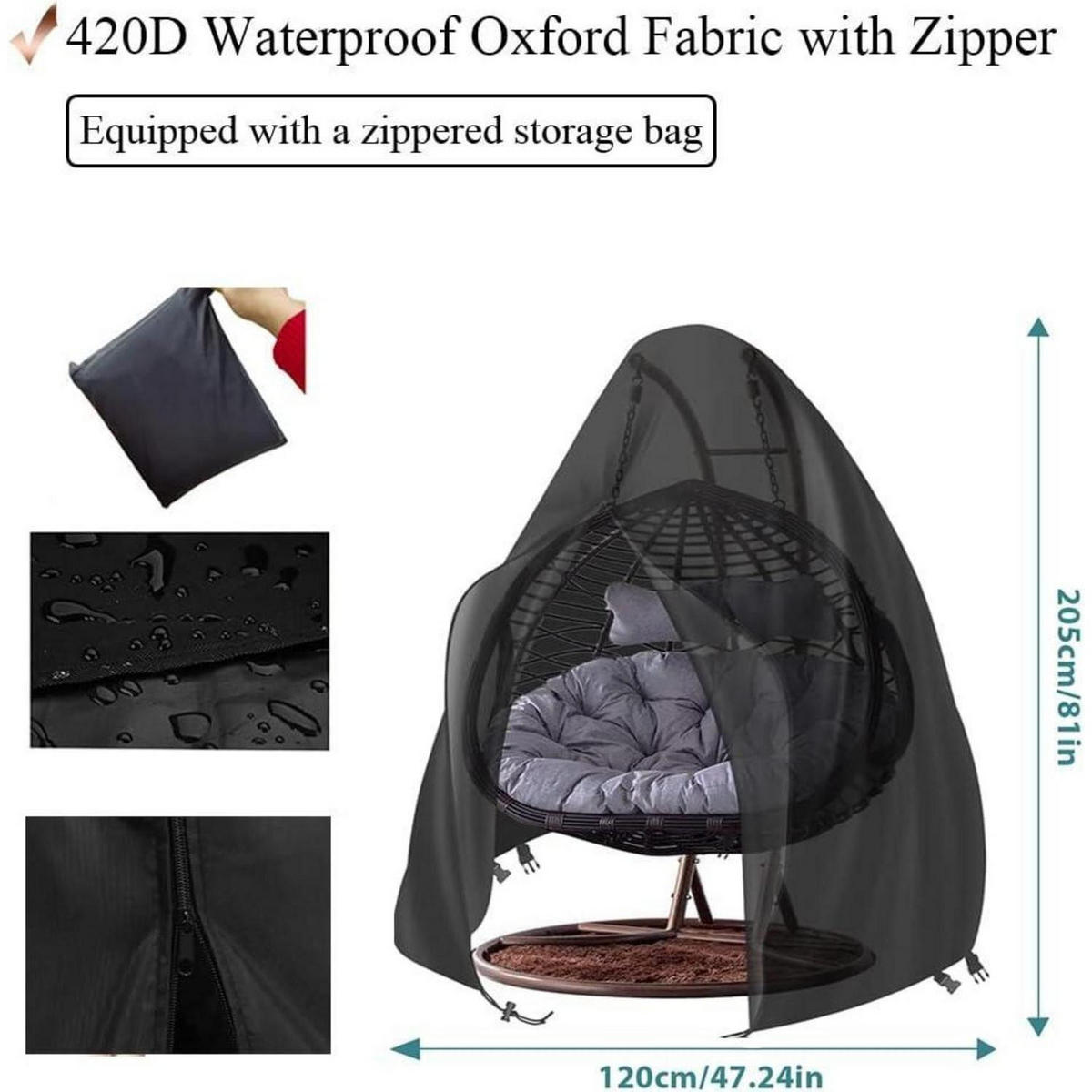 HÄNGESESSEL Abdeckung Ø120 x H190cm Wasserdicht UV-Schutz 420D Oxford - Schwarz, Kunststoff (120/205/120cm)