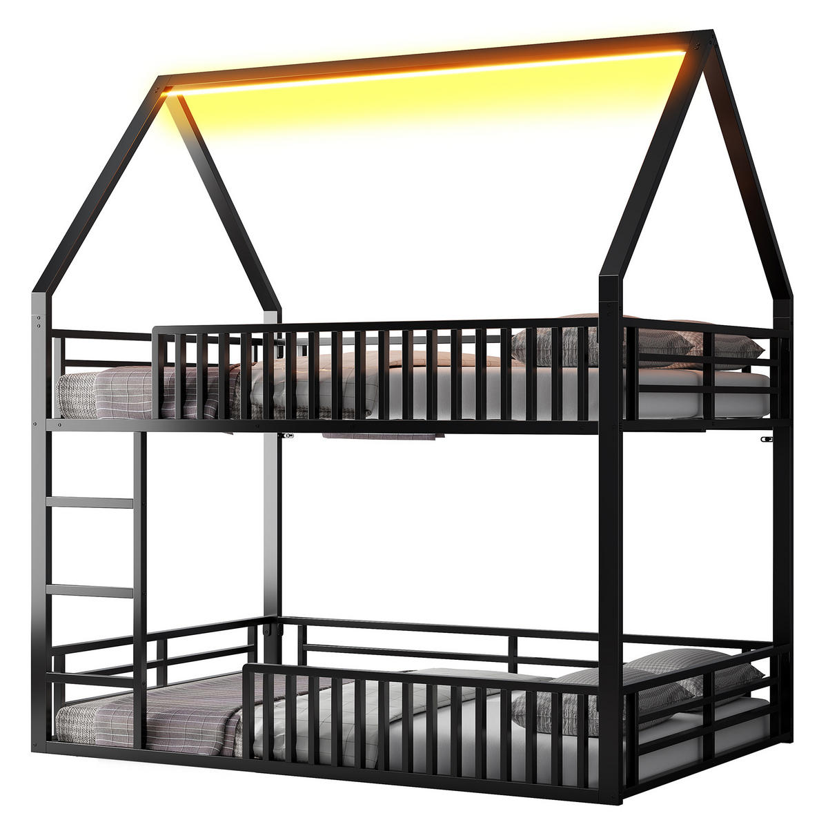 PATROVÁ postel 140/200 cm černá z kovu s domečkovým rámem, zábradlím a LED osvětlením - černá, kov (140/200cm) - OKWISH