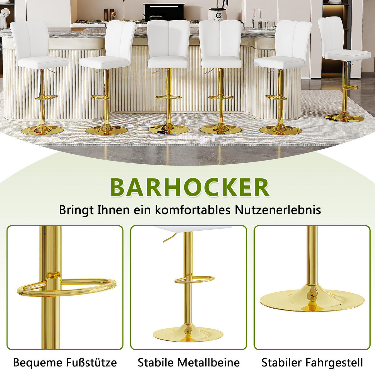BARHOCKER 2er-Set höhenverstellbar drehbar Weiß Gold - Weiß, Metall (44/117.5/44.5cm) - Meubliv