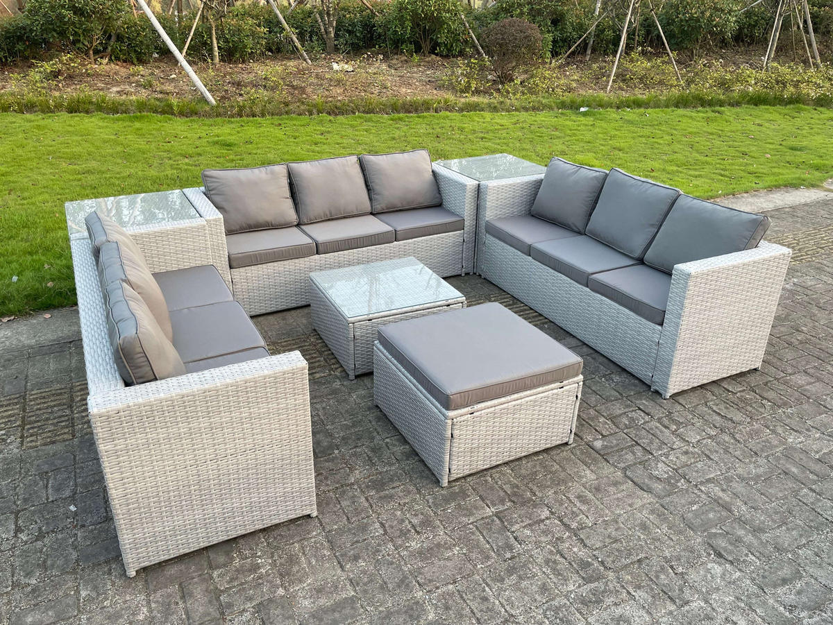 GARTENMÖBEL SET Polyrattan Helles Grau 10-Sitzer - Hellgrau, Metall - Fimous