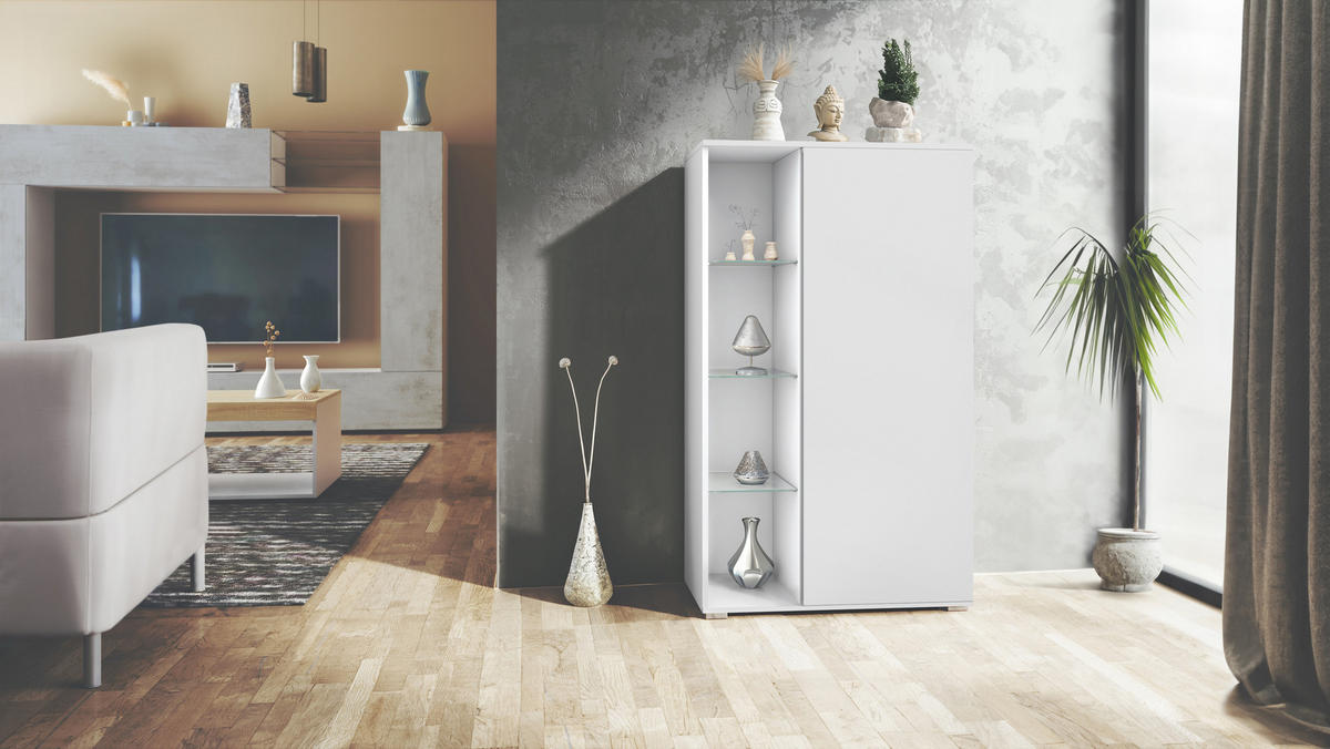 VITRINE Davos Weiß matt - Weiß, Holzwerkstoff (71.5/134/35cm) - Vladon