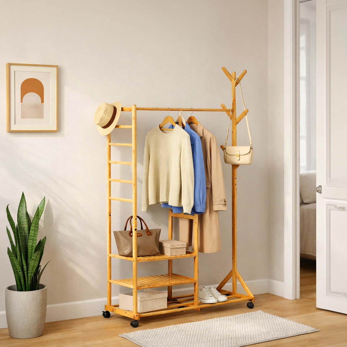 KLEIDERSTÄNDER Natur Bambus mit Rollen 6 Haken 4 Ablagen 176 cm - Hellbraun, Holz/Kunststoff (100/176/38cm) - Relaxdays