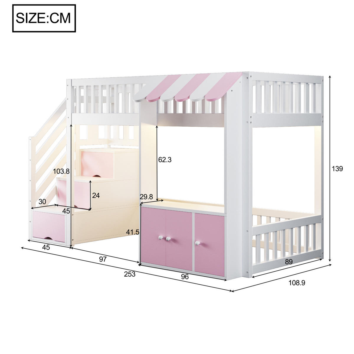 HOCHBETT aus Kiefernholz und MDF 90x200 cm Rosa/Weiß mit Stauraumtreppe, Schrank und LED-Beleuchtung - Weiß, Holz (90/200cm) - Modfu