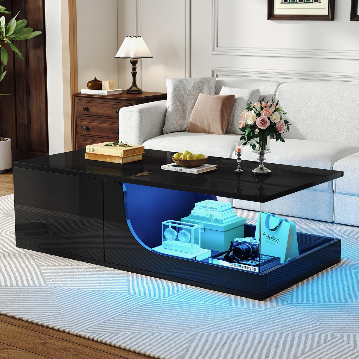 COUCHTISCH in Schwarz Kaffeetisch mit 2 Schubladen und LED-Lichtleiste für Wohnzimmer, B100/T50/H30cm - Schwarz, Glas/Holzwerkstoff (50/100/30cm) - STILVORA
