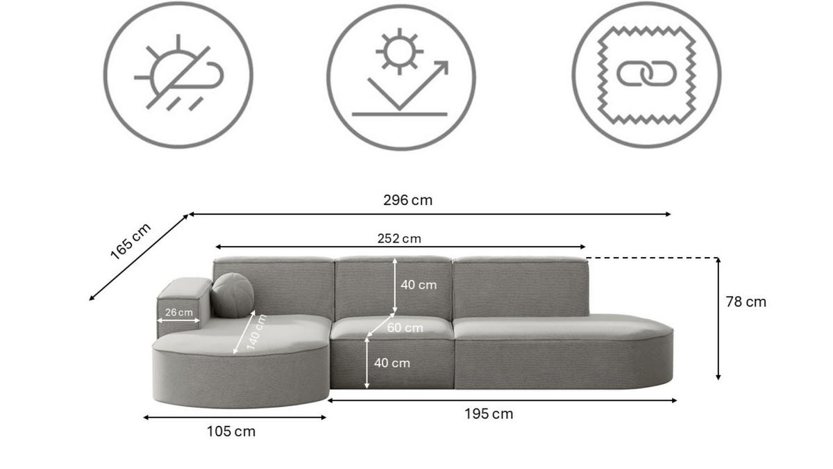 GARTENECKSOFA L-Form Garten Modena L Patio Hellgrau Links - Hellgrau, Holz/Textil (165/78/296cm) - Kaiser Möbel