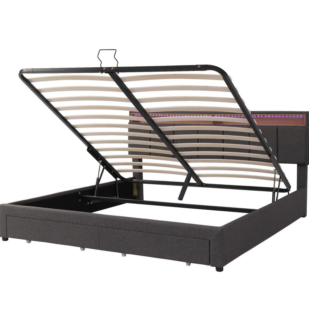POLSTERBETT mit LED-Beleuchtung 160/200 cm mit Bettkasten und gepolstertem Kopfteil - Hellgrau, Metall (160/200cm) - BEAOK