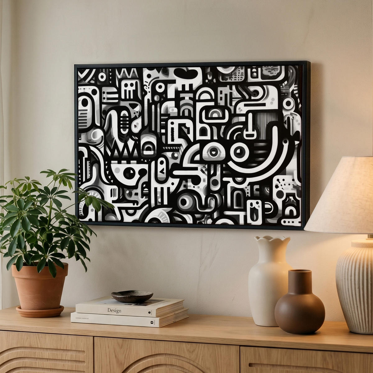 LEINWAND Bilder mit Rahmen - Symbole - Abstrakt - Grafik - Schwarz - 60x40 - Schwarz, Textil (60/40cm) - MuchoWow