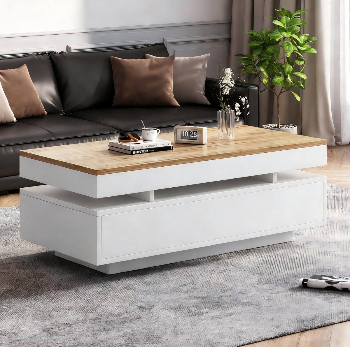 COUCHTISCH aus Spanplatte 100x50x35 cm Weiß/Holzton mit 2 Schubladen und LED-Beleuchtung - Weiß, Holzwerkstoff (100/50/35cm) - IVMEU