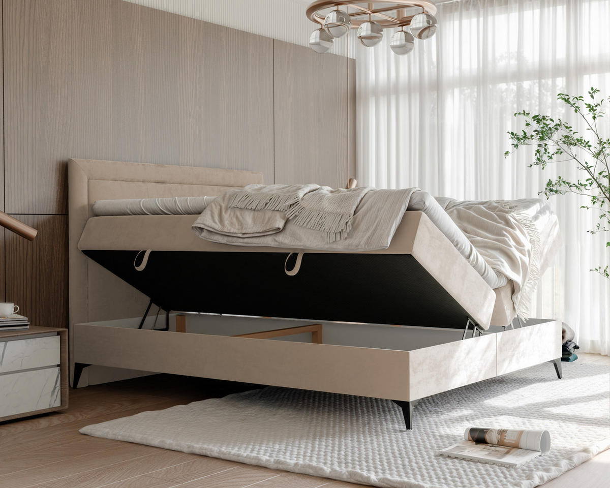 BOXBETT NERO 200/200 cm mit Matratze und Topper, Hellbeige - Sandfarben/Schwarz, Holzwerkstoff/Textil (200/200cm) - Idohome