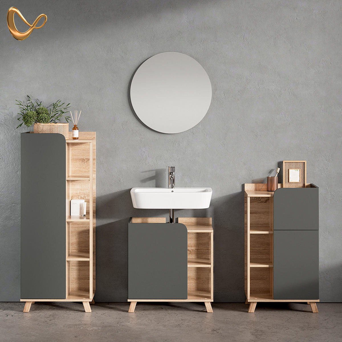 BADMÖBEL-SET Marano Anthrazit 4 Teile - Anthrazit/Sonoma Eiche, Holzwerkstoff (35/65/60cm) - Livinity®