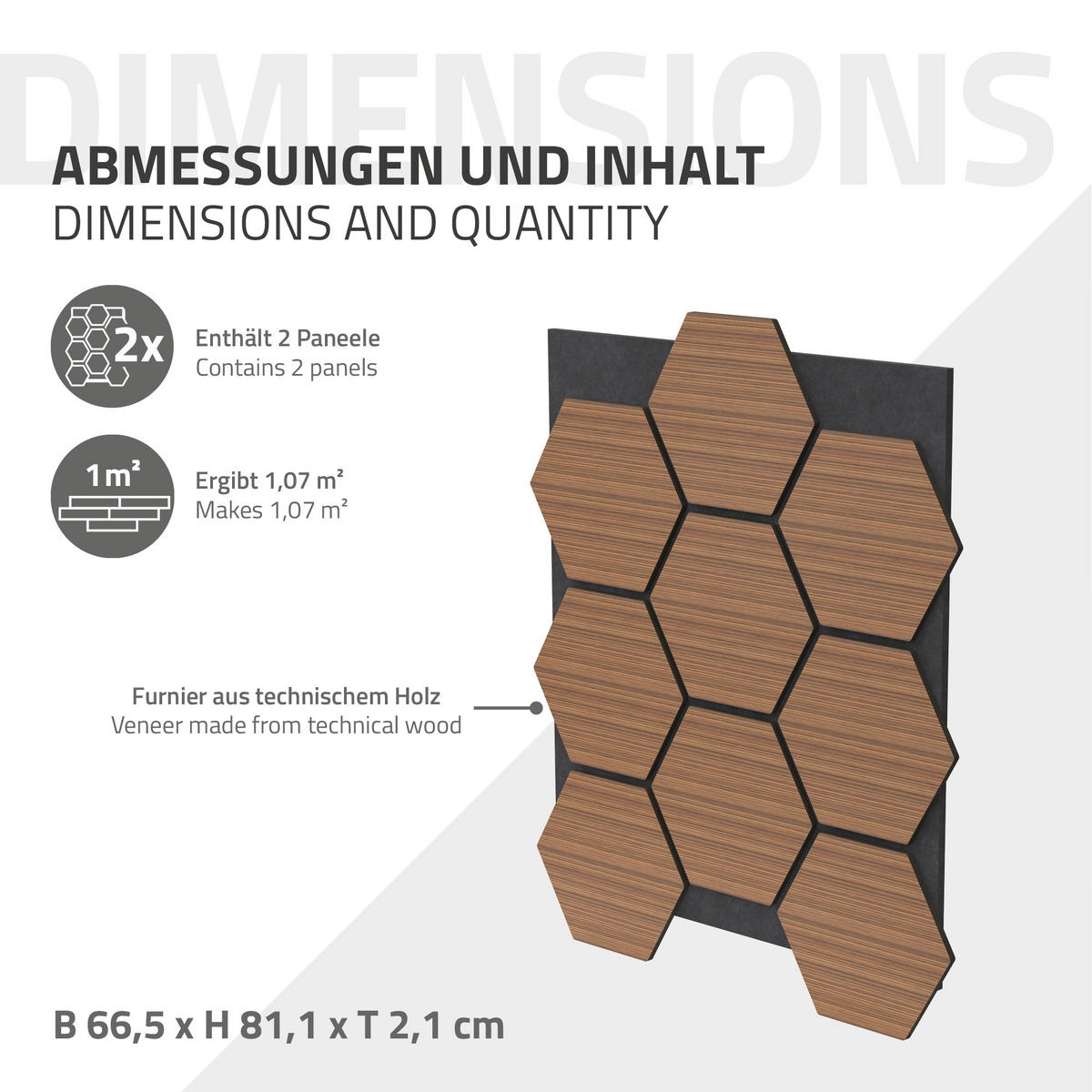 AKUSTIKPANEEL Echtholz 2er Set Teak Hexagon - Dunkelbraun, Holzwerkstoff (2.1/81.1/66.6cm) - ML-DESIGN