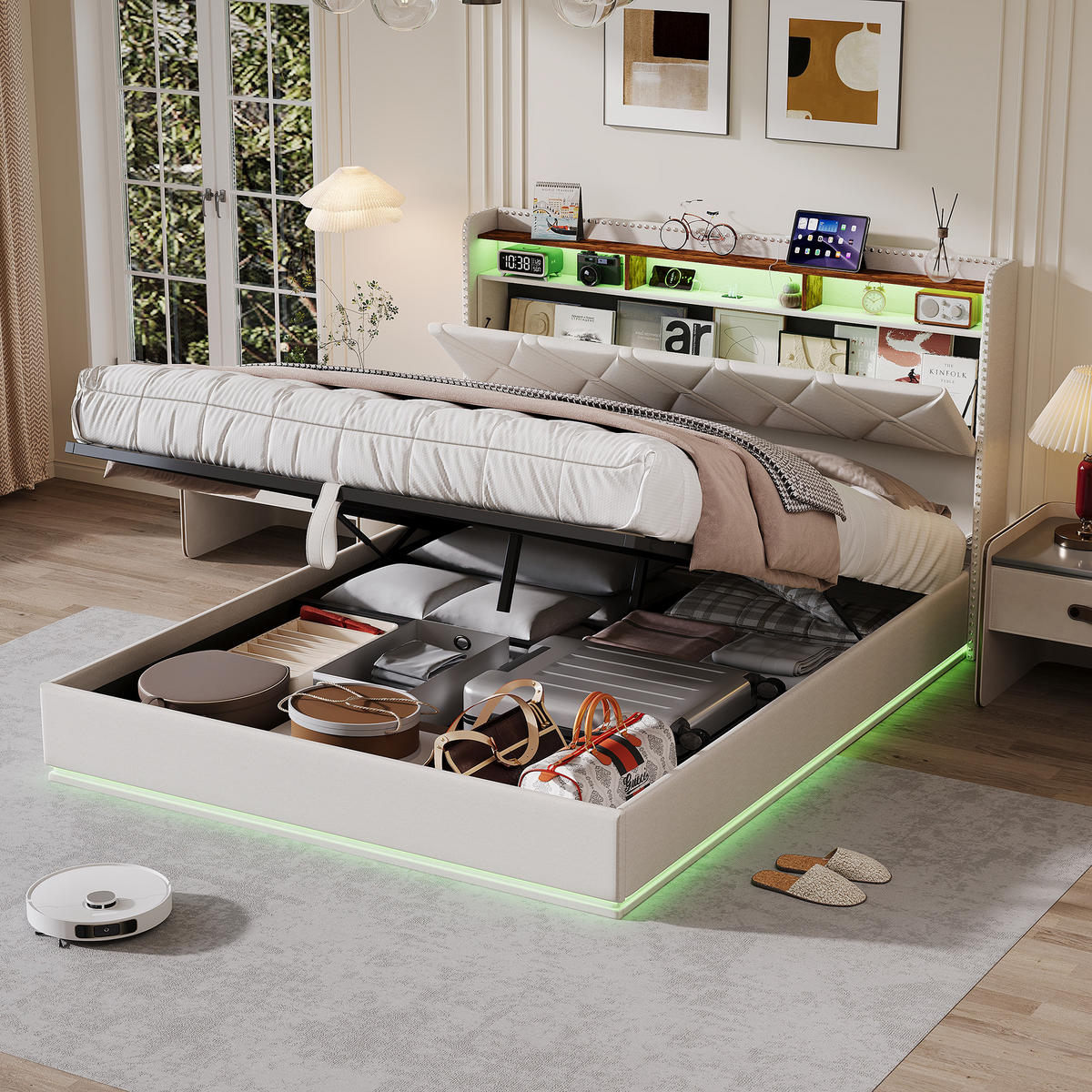 POLSTERBETT 160/200 cm Beige mit hydraulischem Stauraum, LED mit Ablage und USB - Beige, Metall (160/200cm) - EuroLiving