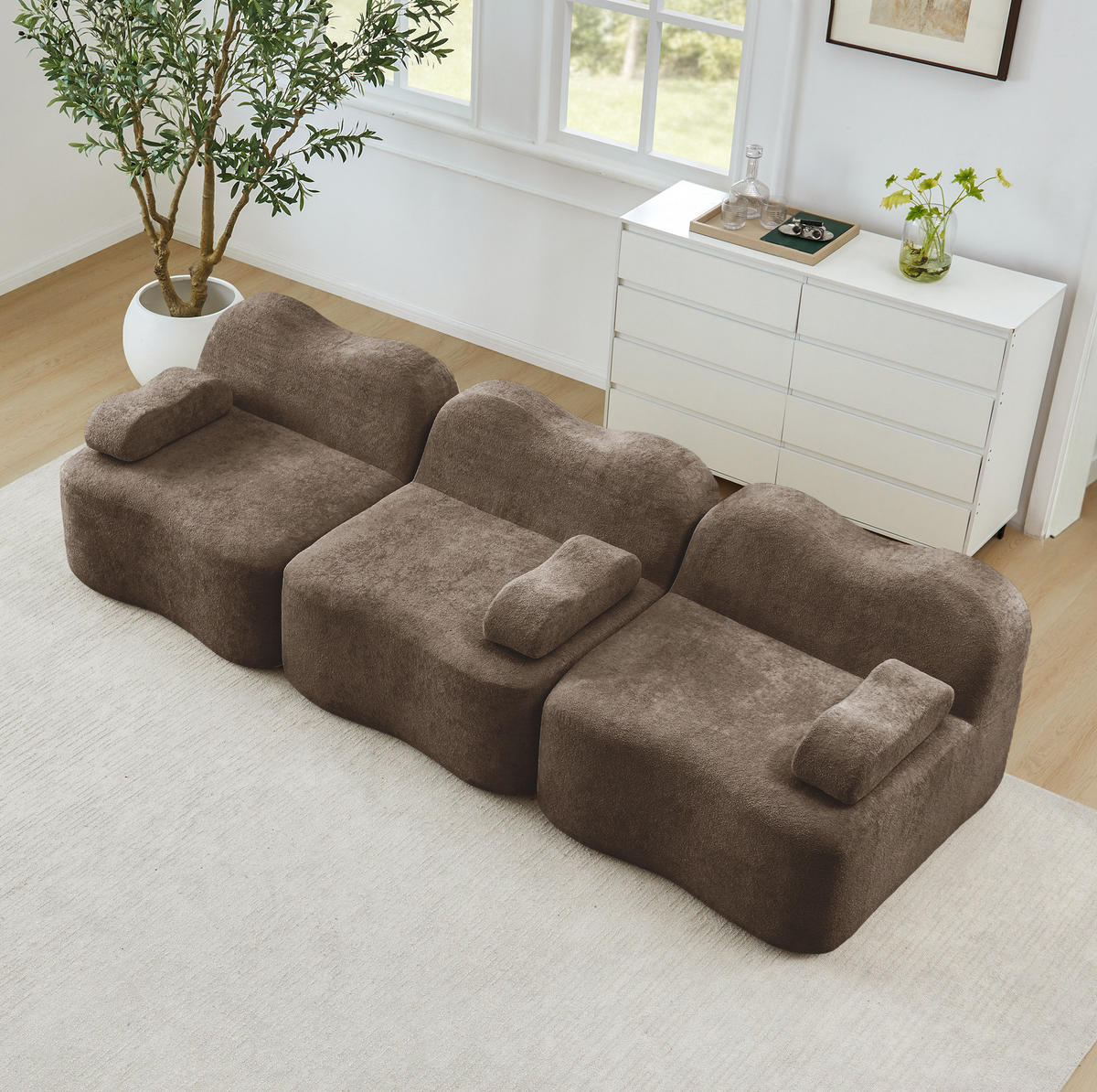 3-SITZER-SOFA aus Samt Braun rahmenlos mit tiefer Sitzfläche, beweglichem Armlehnenkissen und verbindbarem Hocker - Braun, Textil (288/70/98cm) - Modfu