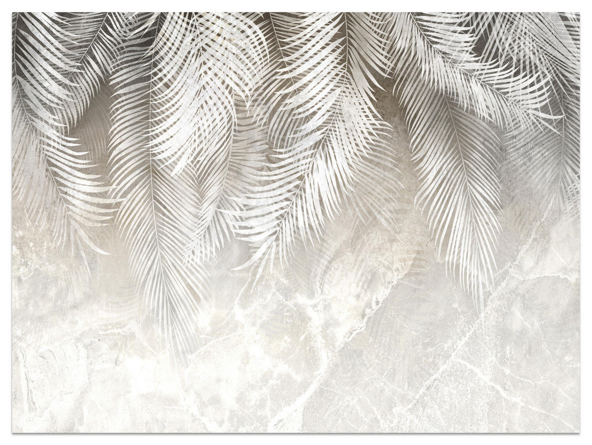 FOTOTAPETE für Schlafzimmer Vintage Palmenblätter auf Marmor Beige 500x350 - Weiß/Grau, Papier (500/350cm) - Muralo