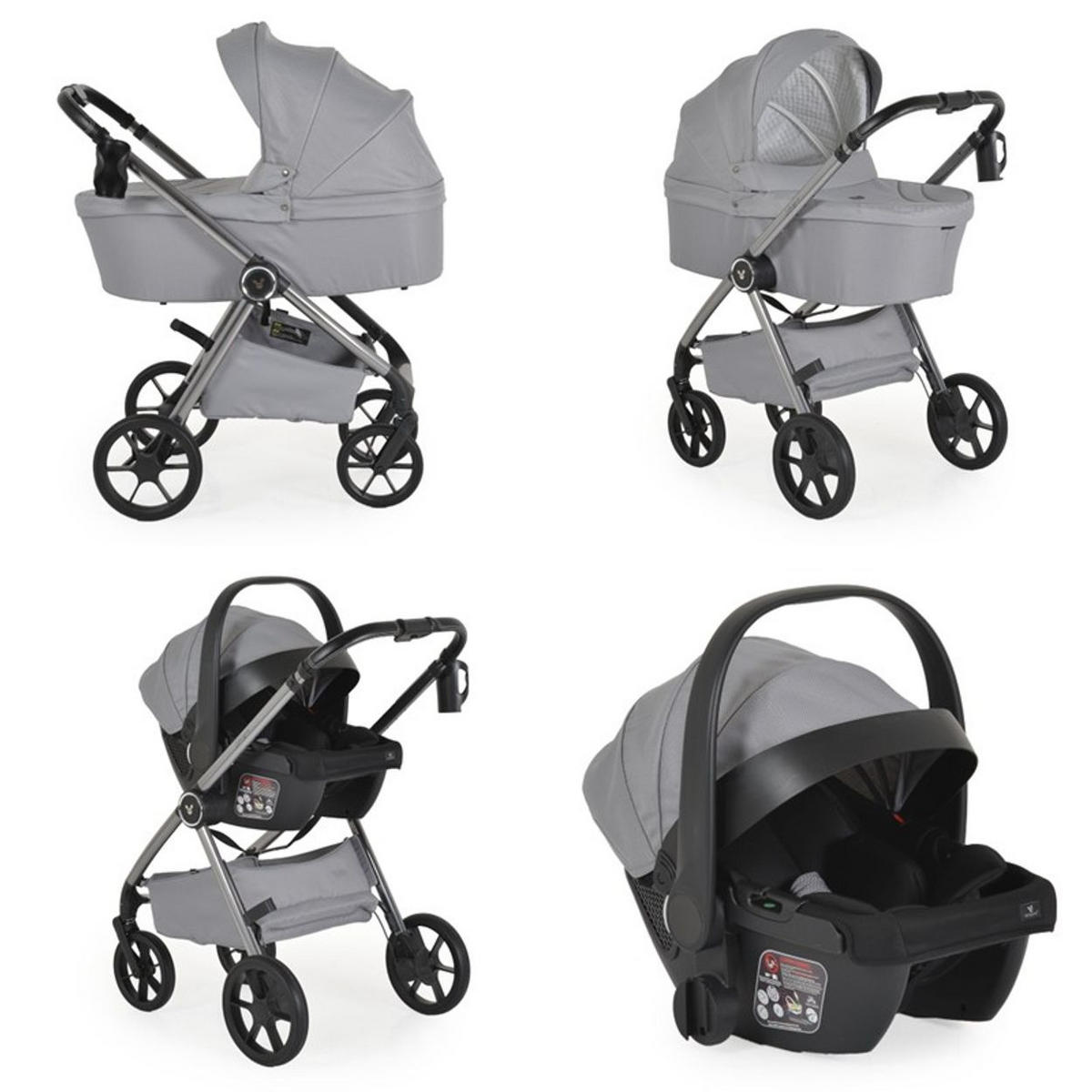KOMBIKINDERWAGEN Unique 3 in 1 grau Babyschale Stoßdämpfer PU-Räder Tasche - Grau, Metall (75/59/104cm) - Cangaroo