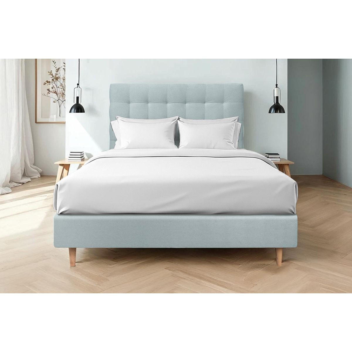 KOPFTEIL gepolstert - Gesteppt – blaugrauer Samtstoff - 160 cm - Beige/Blaugrau, Karton/Holz (160/120/10cm) - Sommeil de Plomb