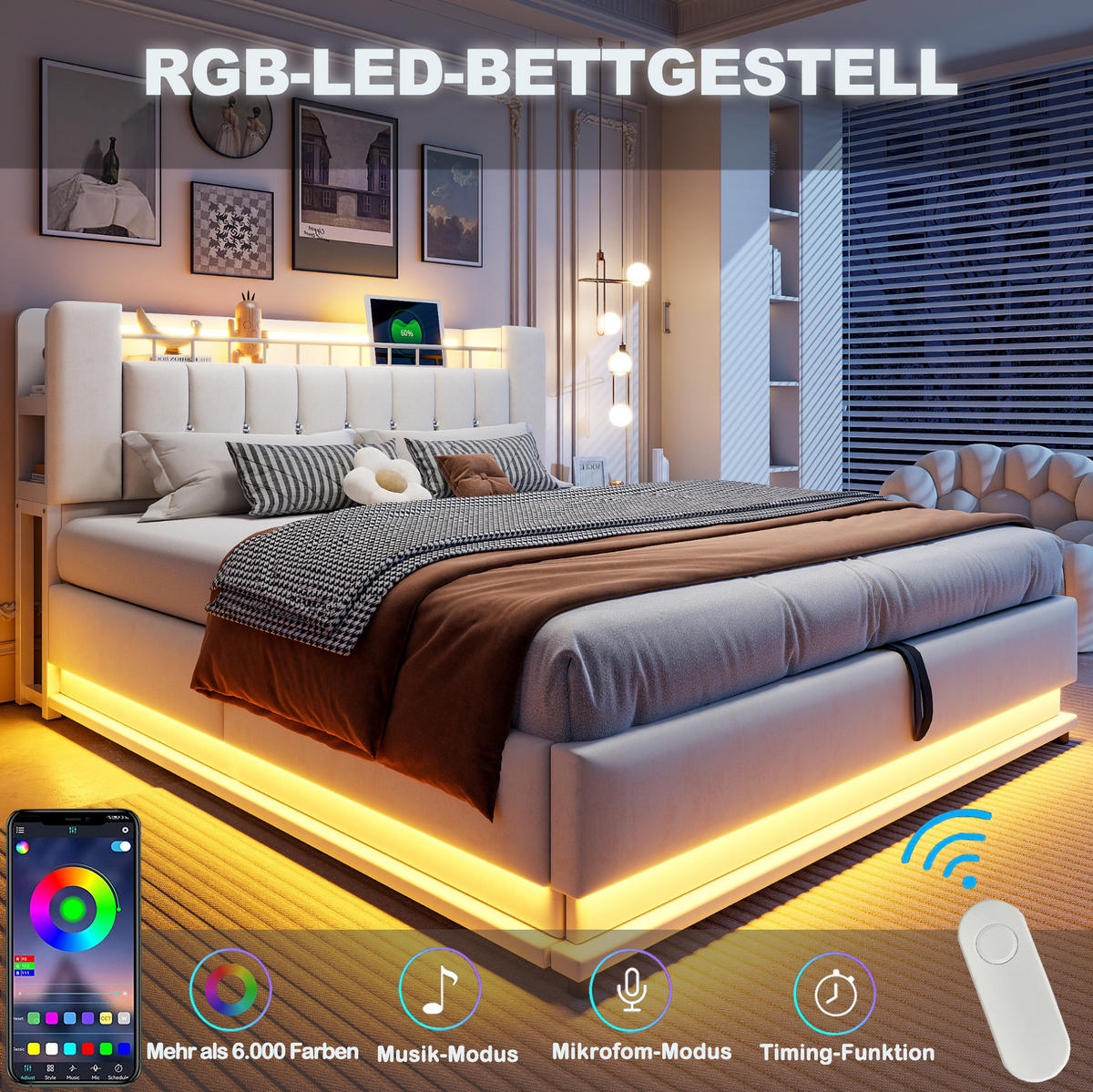 POLSTERBETT 180/200 cm Beige mit LED-Beleuchtung und Stauraum Samtbezug - Beige, Textil (180/200cm) - OKWISH