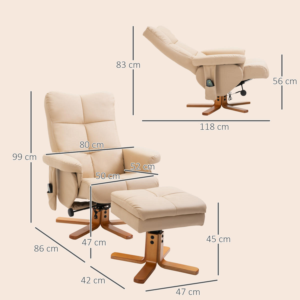 RELAXAČNÍ KŘESLO s funkcí polohování Masážní křeslo s podnožkou Polyester Krémově bílá - krémová/šampaňská, dřevo/kůže (86/99/80cm) - HOMCOM