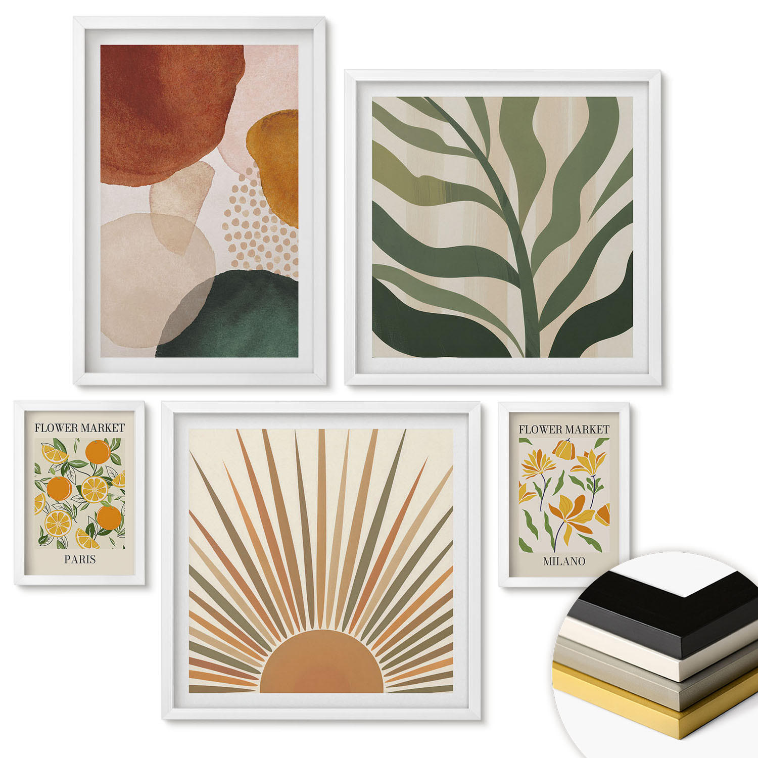 WANDBILDER 5er-Set - 50x50 cm & 20x30 cm & 40x60 cm Weißer Rahmen - Abstrakte Blumenmotive - Weiß, Kunststoff (40/60cm) - ArtPrintCave