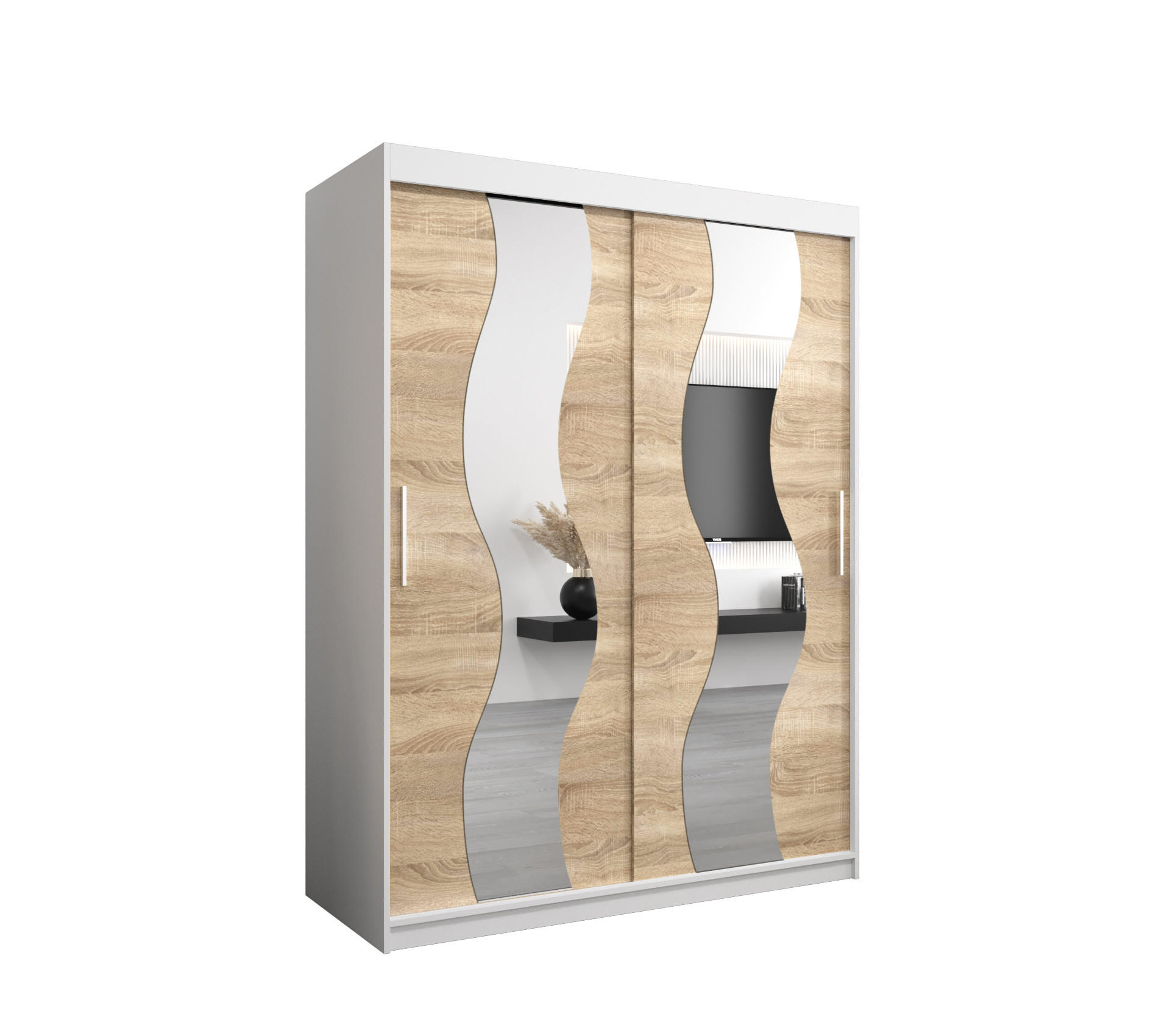 Abiks Möbel Schwebetürenschrank Weiß, Sonoma Eiche 150x200x62 cm
