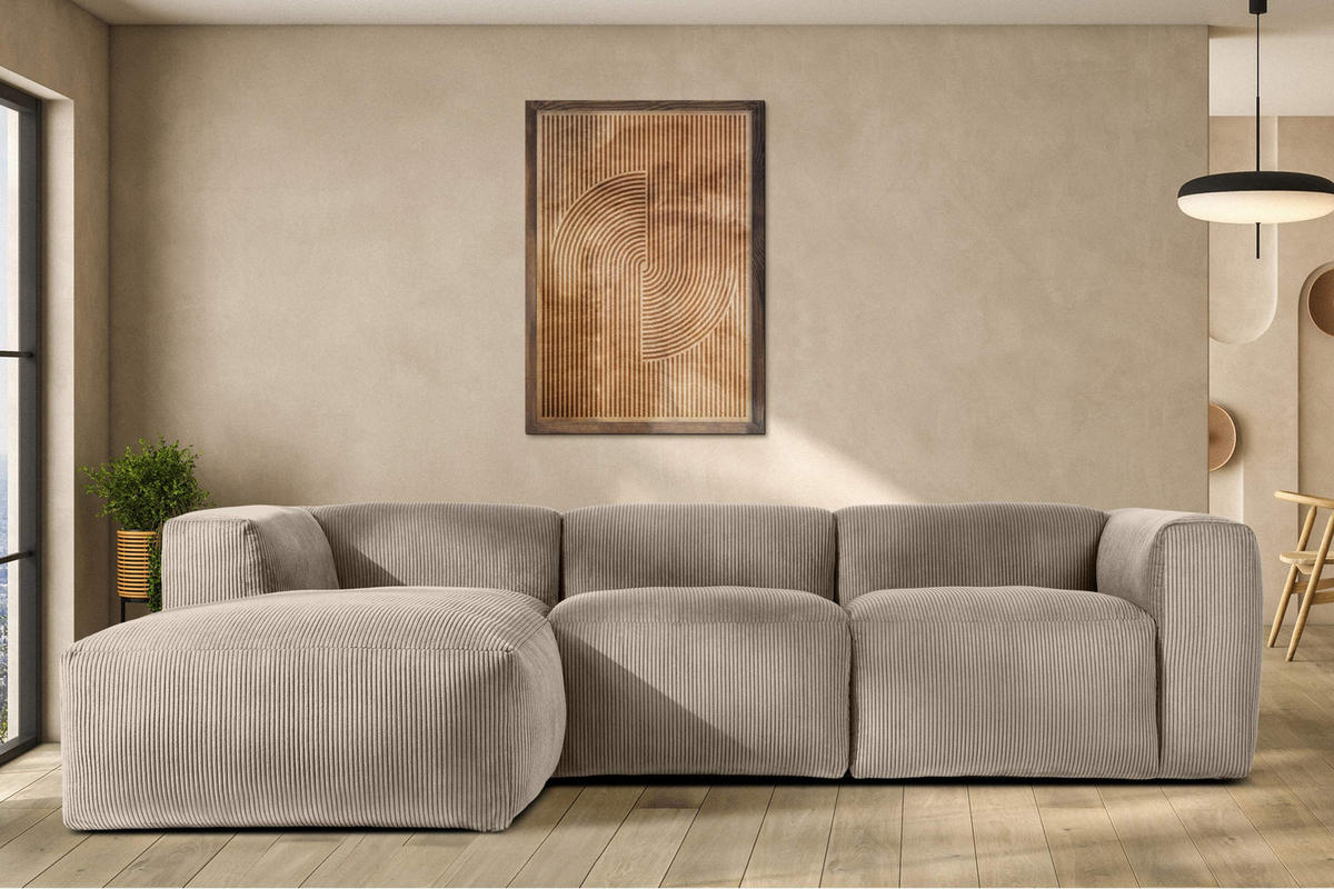 ECKMODULSOFA-LINKS BUFFO mit extrem weicher und bequemer Sitzfläche, Kordstoff, beige - Beige, Textil (297/180cm) - KONSIMO®