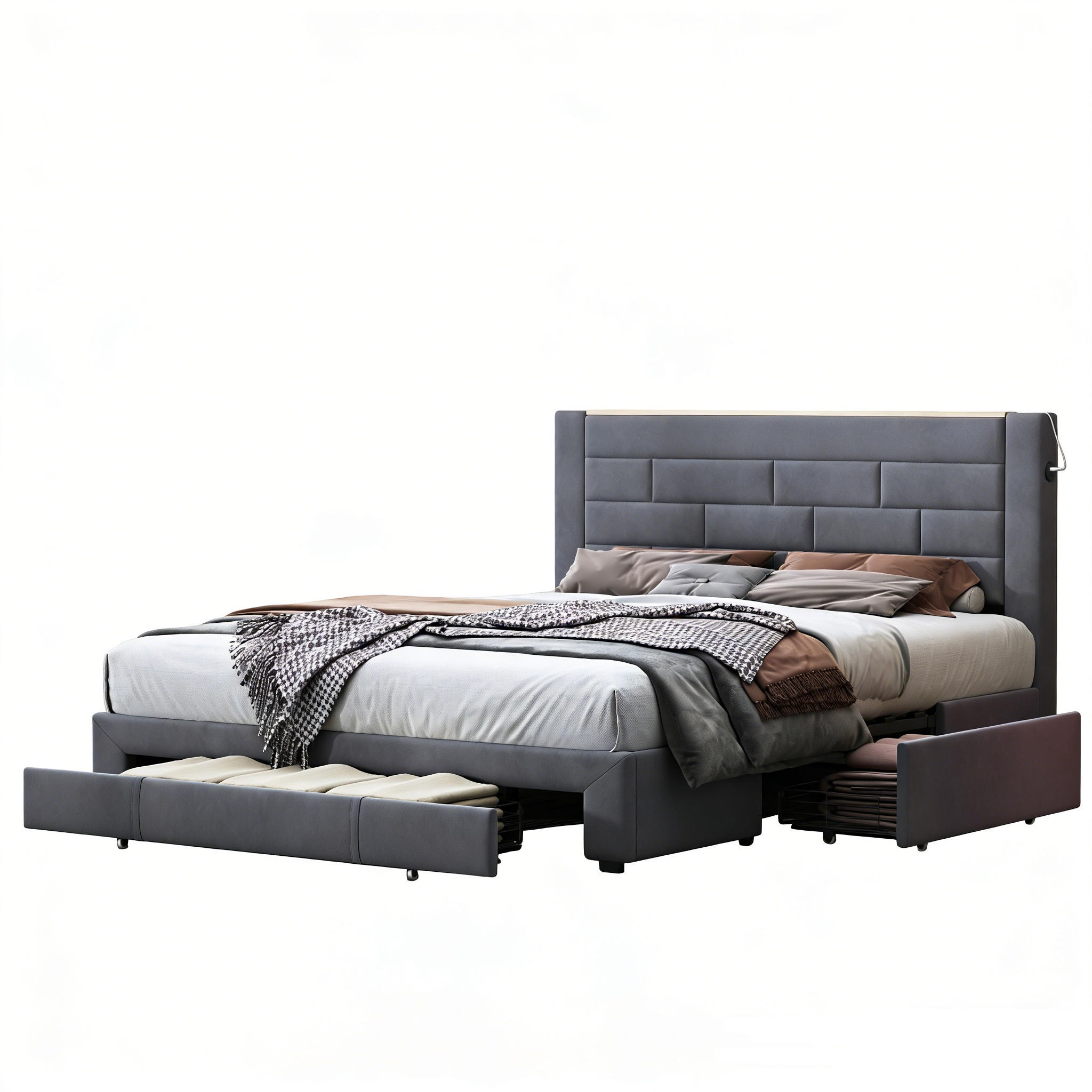 DOPPELBETT 160x200 cm mit Schubladen und Ladefunktion – Samt in Grau - Naturfarben/Grau, Holz/Metall (160/200cm) - PARAFTA HOME
