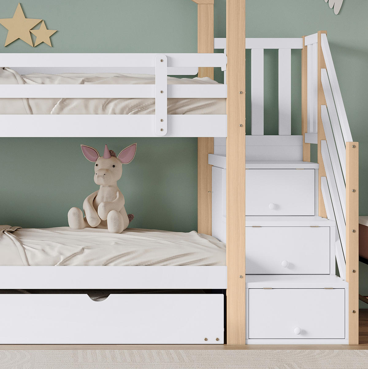 ETAGENBETT 90/200 & 90/190 cm mit Ausziehbett, Treppe mit 4 Schubladen und Absturzsicherung, Natur/Weiß - Weiß, Holz (90/200cm) - Redom