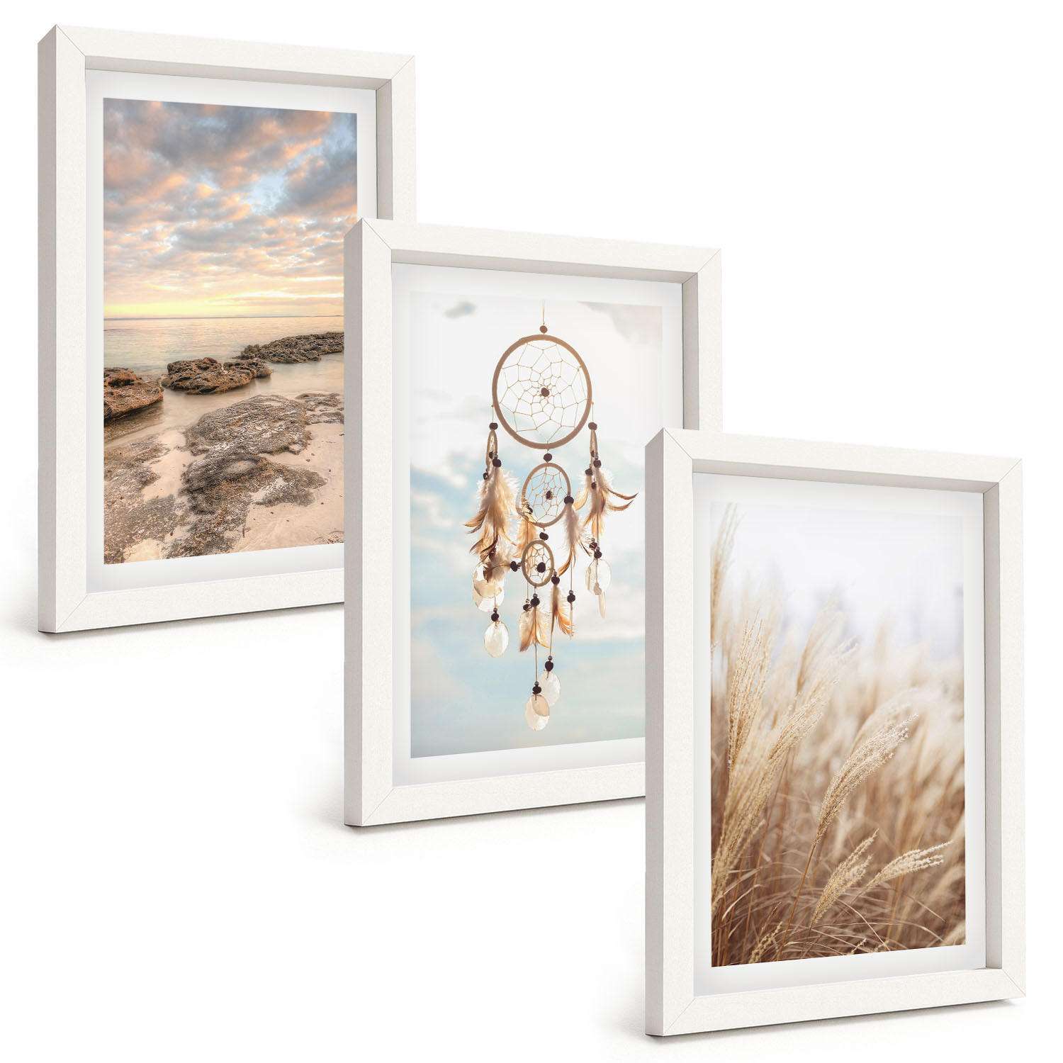 BILDER SET 3er Set - 20x30 cm Weißer Rahmen - Wolkenmeer, Traumfänger, Gras - Weiß, Kunststoff (20/30cm) - TULUP