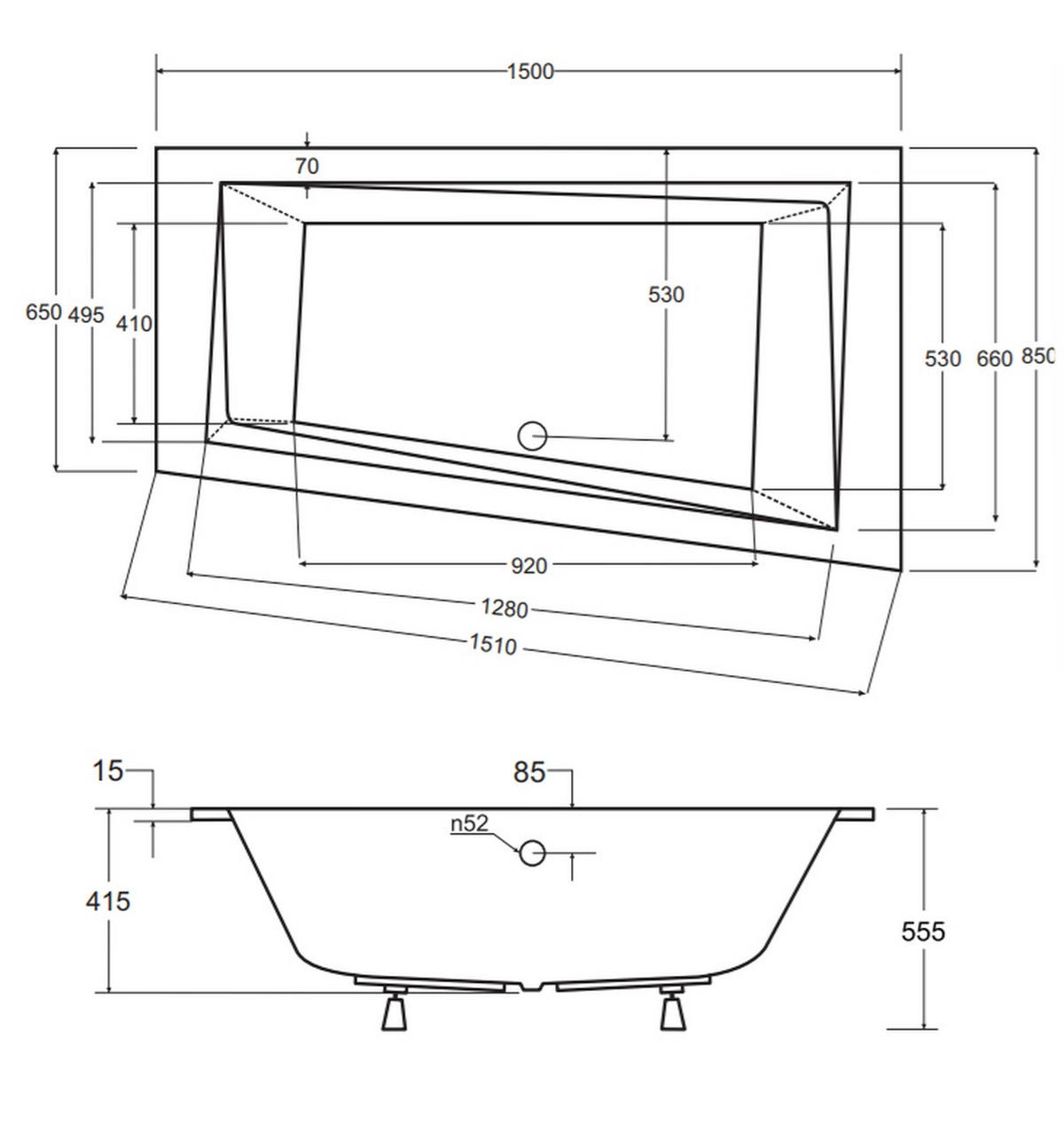 BADEWANNE Eckwanne INTIMA SLIM 150/85 Links mit Styro Ablauf Füße - Weiß, Kunststoff (85/55.5/150cm) - bad land