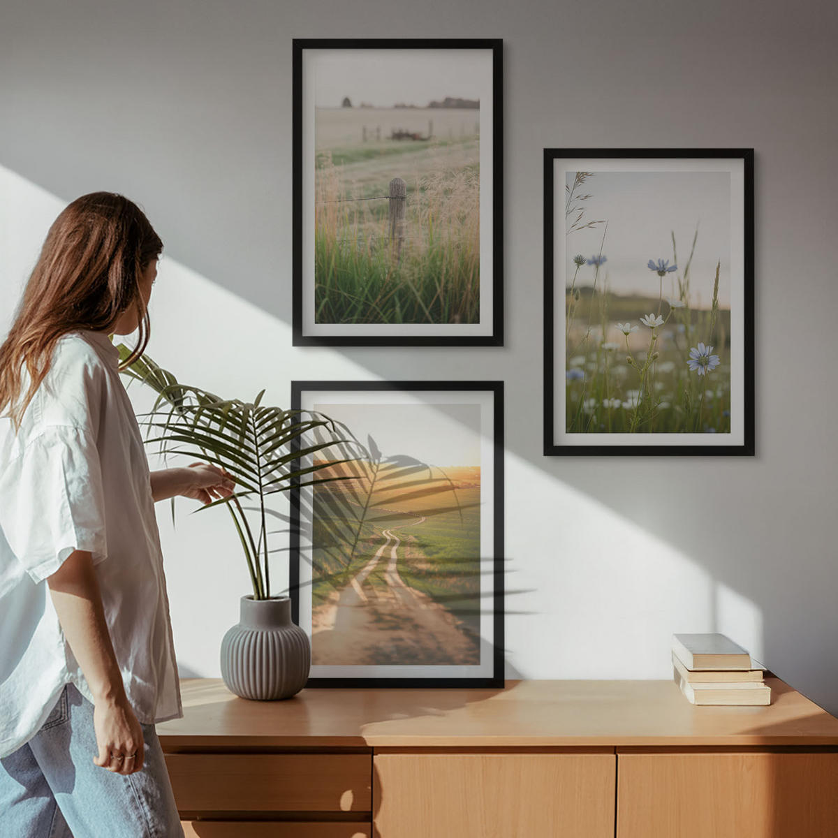 BILDER SET 3er Set - 40x60 cm Schwarzer Rahmen - Landschaften Natur Felder Weg - Schwarz, Kunststoff (40/60cm) - TULUP