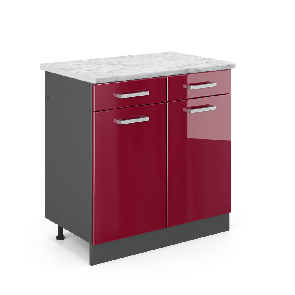 KÜCHENUNTERSCHRANK R-Line Rot Hochglanz 80 cm AP Marmor - Bordeaux/Anthrazit, Holzwerkstoff (80/81.6/60cm) - Vicco