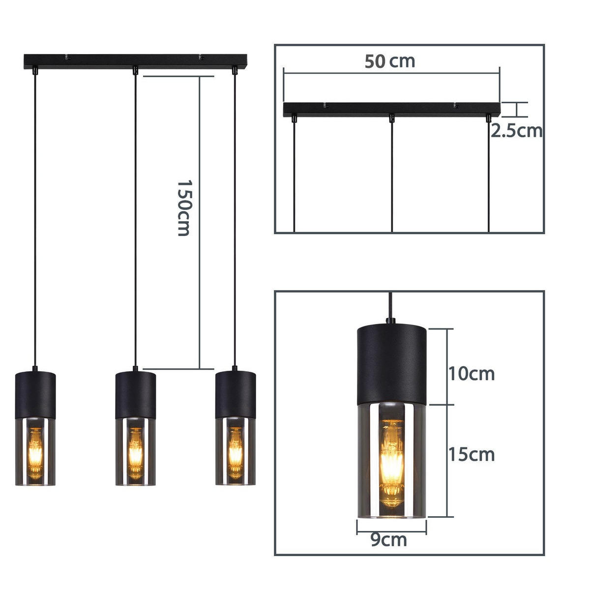 HÄNGELEUCHTE Elmar 3-flammig 50/10/150 cm - Schwarz, Metall (50/10/150cm) - Nettlife