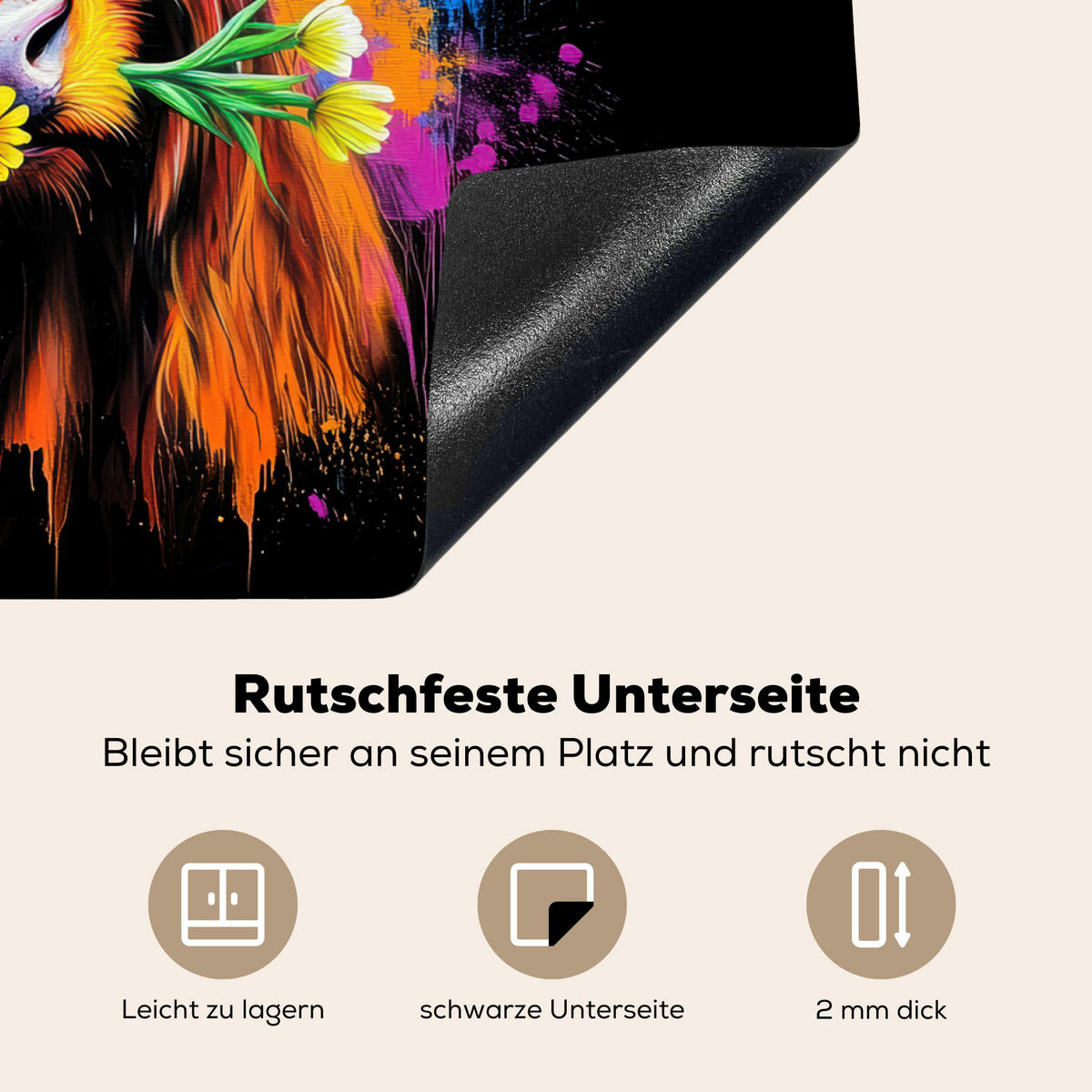 HERDABDECKPLATTE Schottischer Highlander - Graffiti - Bunt - Blume - Tiere Herdabdeckung Induktionsfeld 65x52 cm - Multicolor, Kunststoff (65/52/0.2cm) - MuchoWow