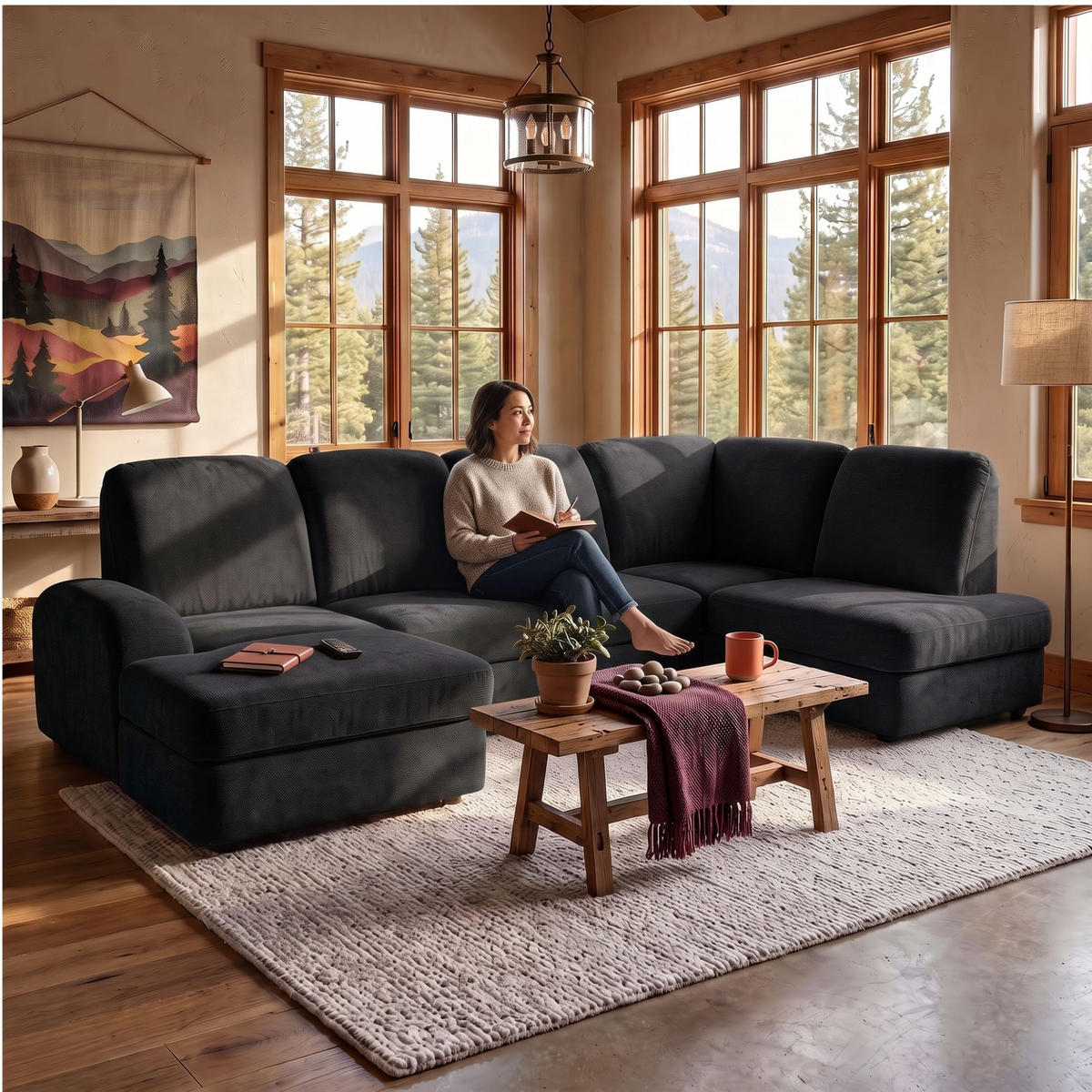 ECKSOFA VIBE U Rechts mit Schlaffunktion 129x263 Chenille Anthrazit - Anthrazit/Schwarz, Holz/Kunststoff (186/102/280cm) - Muffo